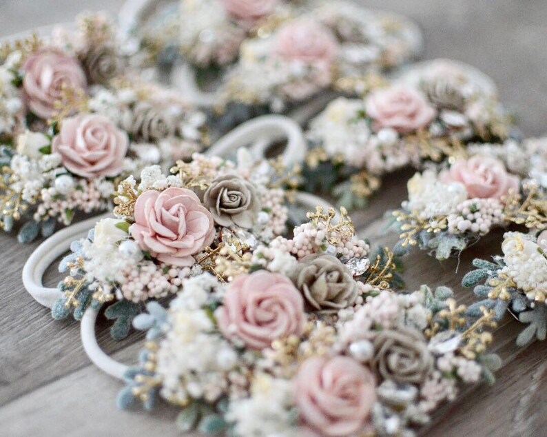 hair clip newborn dainty headband Blush and gold headband baby hair accessories elegant pearl crystal rhinestone flower girl head piece