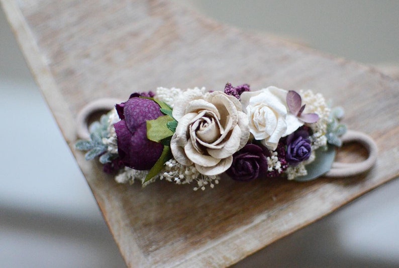 flower girl headpiece hair accessories,bridal wedding clip,floral Plum purple aubergine ivory taupe fall flower headband baby flower crown