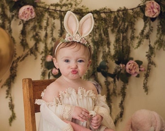 Blush floral bunny ears headband newborn first birthday easter woodland animal themed birthday hair accessories, photo prop, rabbit costume