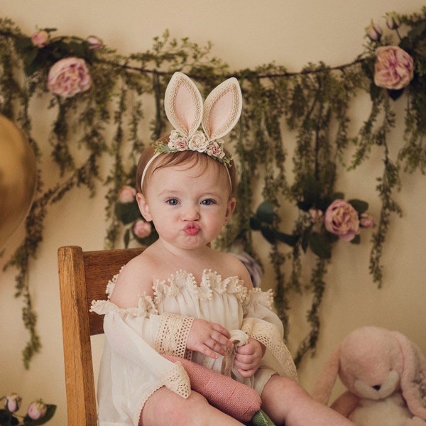 Blush floral bunny ears headband newborn first birthday easter woodland animal themed birthday hair accessories, photo prop, rabbit costume