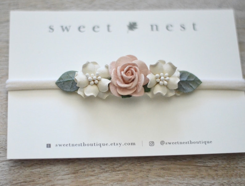 Blush peach ivory greenery floral headband newborn toddler dainty flower crown baby shower gift girl spring pink neutral baptism christening