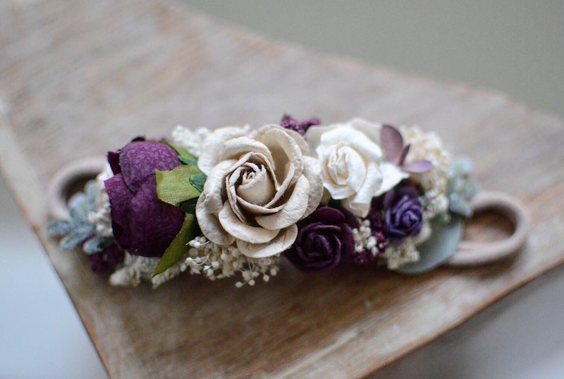 flower girl headpiece hair accessories,bridal wedding clip,floral Plum purple aubergine ivory taupe fall flower headband baby flower crown