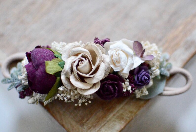 flower girl headpiece hair accessories,bridal wedding clip,floral Plum purple aubergine ivory taupe fall flower headband baby flower crown