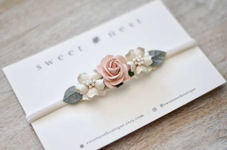 Blush peach ivory greenery floral headband newborn toddler dainty flower crown baby shower gift girl spring pink neutral baptism christening