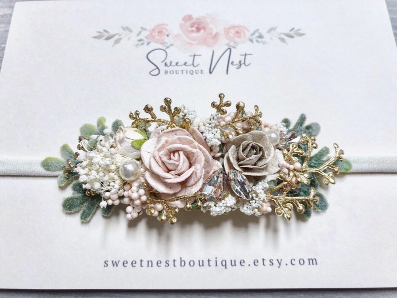 hair clip newborn dainty headband Blush and gold headband baby hair accessories elegant pearl crystal rhinestone flower girl head piece