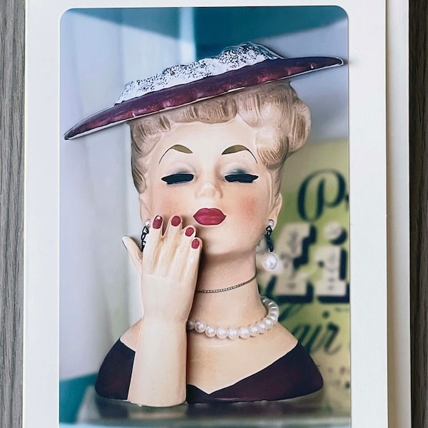 Vintage Lady Head Glamour Vase - 3D Photo Card, Blank Greeting Card - All Occasion Card - Vintage -Antique - Napco - Glamour Vase