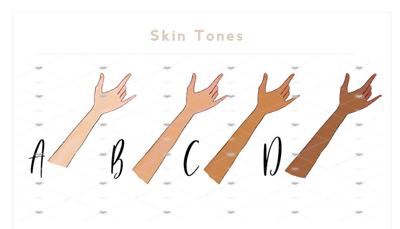May include: Four different skin tones are shown as hands in a 'rock on' pose, labeled A, B, C, and D. The title 'Skin Tones' is at the top of the image.