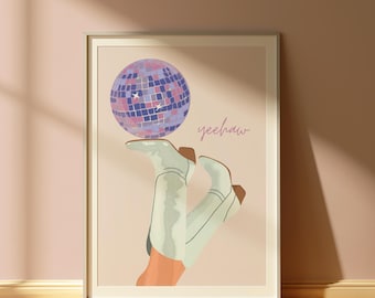 Yeehaw | Disco Cowgirl Wall Art | Mirrorball Print | Aesthetic Apartment Decor | Trendy Digital Download