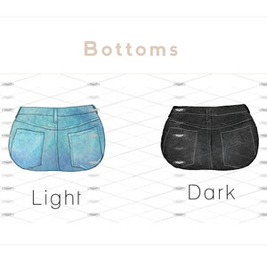 May include: Watercolor illustration of two pairs of denim shorts. One pair is light blue, the other is dark gray. The word "Bottoms" is above the shorts, with the words "Light" and "Dark" below each pair.