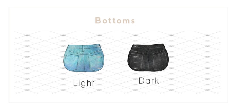 May include: Watercolor illustration of two pairs of denim shorts. One pair is light blue, the other is dark gray. The word "Bottoms" is above the shorts, with the words "Light" and "Dark" below each pair.