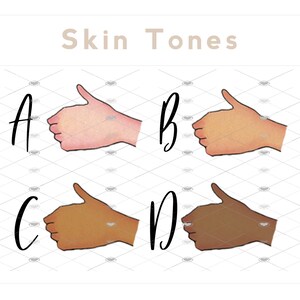 May include: Four thumbs up in different skin tones labelled A, B, C, and D. The image is titled "Skin Tones".