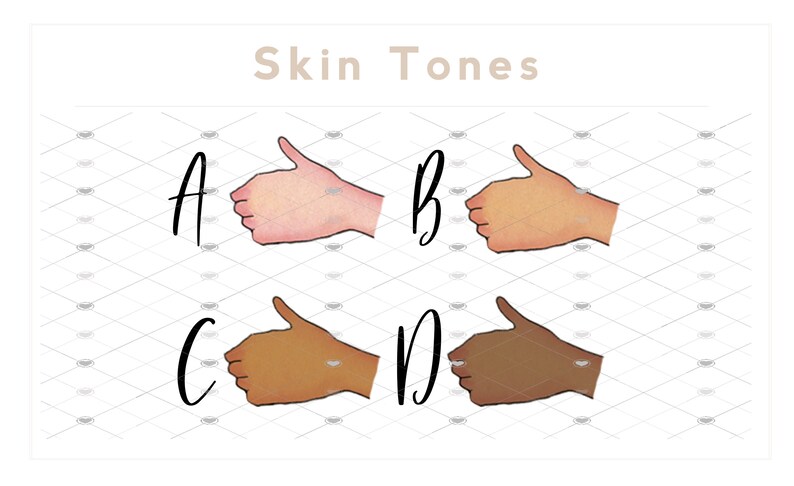 May include: Four thumbs up in different skin tones labelled A, B, C, and D. The image is titled "Skin Tones".