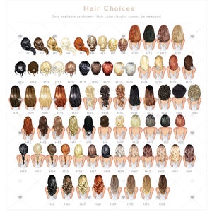 May include: A chart of 72 different hairstyles for a bride or bridesmaid. The hairstyles are shown from the back and are numbered H1 through H72.