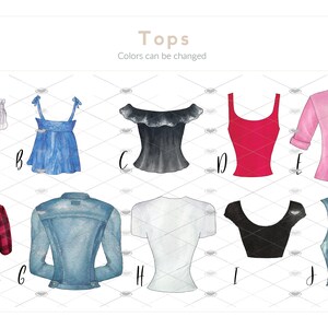 May include: Watercolor illustration of various tops, including off-the-shoulder, tank tops, and jackets. The image features a range of colors, such as blue, red, pink, and black. Text at the top reads "Tops" with the option to change colors.