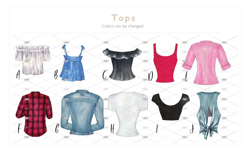 May include: Watercolor illustration of various tops, including off-the-shoulder, tank tops, and jackets. The image features a range of colors, such as blue, red, pink, and black. Text at the top reads "Tops" with the option to change colors.