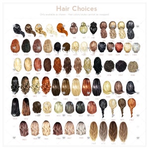 May include: A catalog of 72 different hair styles and colors, labeled H1 through H72. The image includes a variety of styles, from long flowing locks to short bobs, in shades of black, brown, blonde, and red. Text at the top reads "Hair Choices."
