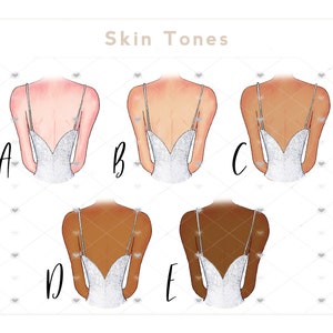 May include: Five illustrations of women wearing white dresses with sequins, showing different skin tones labeled A through E.  The illustrations are on a white background with a pattern of small hearts.