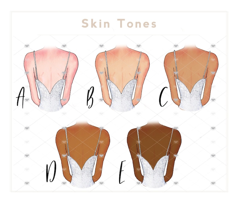 May include: Five illustrations of women wearing white dresses with sequins, showing different skin tones labeled A through E.  The illustrations are on a white background with a pattern of small hearts.
