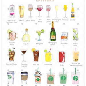May include: Watercolor illustration of various drinks, including beer, wine, cocktails, and coffee. The image features a variety of beverages such as hard seltzer, champagne, margaritas, and bubble tea, with text labels for each drink.