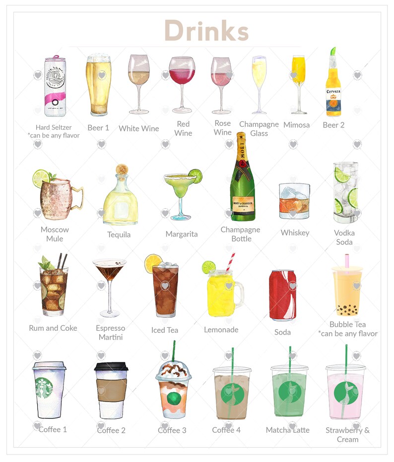May include: Watercolor illustration of various drinks, including beer, wine, cocktails, and coffee. The image features a variety of beverages such as hard seltzer, champagne, margaritas, and bubble tea, with text labels for each drink.