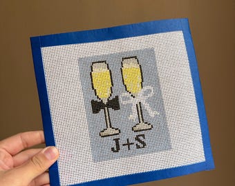 Custom wedding champagne initials hand painted needlepoint canvas 13 mesh