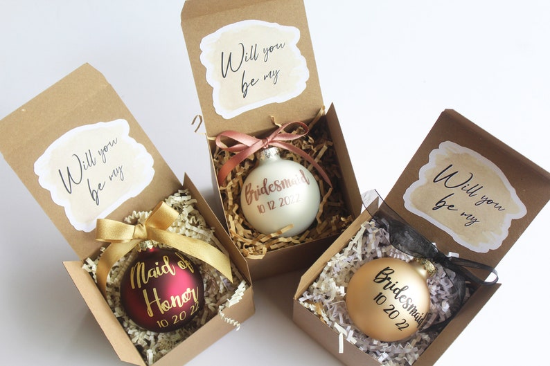 Personalized Christmas Ornament in a box for Christmas Bridesmaid Proposal Gift,