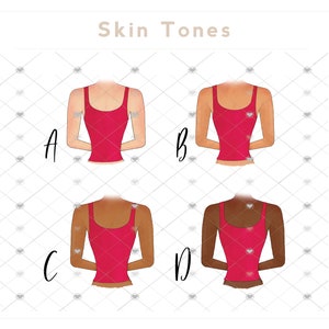 May include: Illustration showing four different skin tones labeled A, B, C, and D. Each figure is wearing a red tank top. The text "Skin Tones" is at the top of the image.