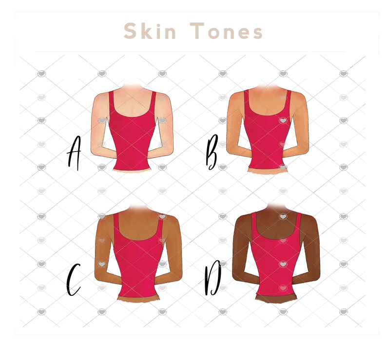 May include: Illustration showing four different skin tones labeled A, B, C, and D. Each figure is wearing a red tank top. The text "Skin Tones" is at the top of the image.