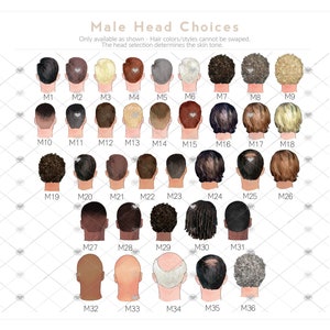 May include: A chart of 36 different male head options for use in creating custom illustrations. The heads are shown from the back and are numbered M1 through M36.
