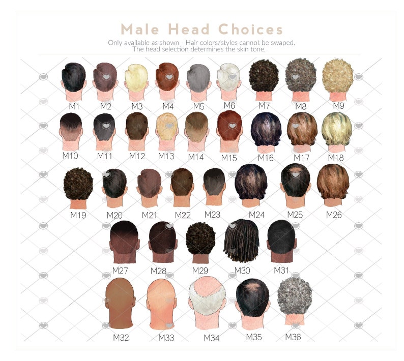 May include: A chart of 36 different male head options for use in creating custom illustrations. The heads are shown from the back and are numbered M1 through M36.