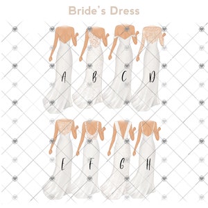 May include: Eight different styles of white wedding dresses, labeled A through H. The dresses are shown from the back.