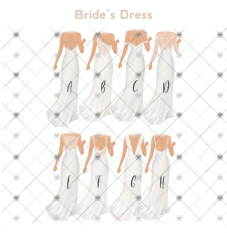 May include: Eight different styles of white wedding dresses, labeled A through H. The dresses are shown from the back.