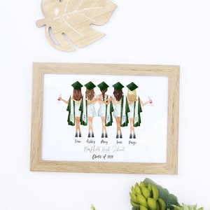May include: A framed illustration of five women in graduation caps and gowns, holding diplomas and posing together. The text below reads "Lain, Ashley, Mary, Jessi, Paige, Mansfield High School, Class of 2020".