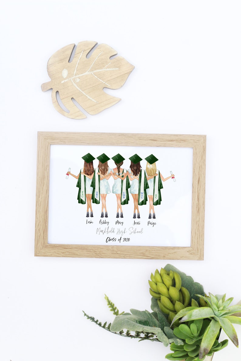 May include: A framed illustration of five women in graduation caps and gowns, holding diplomas and posing together. The text below reads "Lain, Ashley, Mary, Jessi, Paige, Mansfield High School, Class of 2020".
