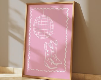 Pink Disco Cowgirl Wall Art | Trendy Digital Print | Aesthetic Apartment Decor | Coastal Cowgirl Boots | Disco Ball Art Printable