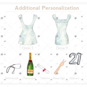 May include: A digital illustration of two dresses, a stethoscope, a bottle of champagne, a diploma, a peace sign, and silver balloons that say "21".