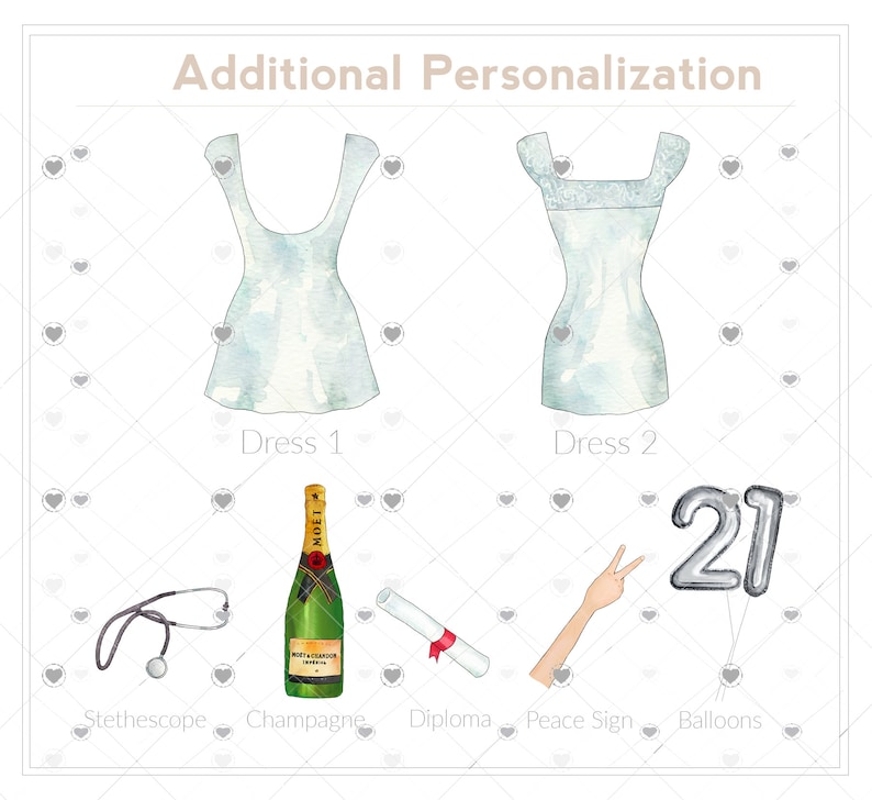 May include: A digital illustration of two dresses, a stethoscope, a bottle of champagne, a diploma, a peace sign, and silver balloons that say "21".