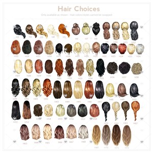 K&ouml;nnte beinhalten: Eine Tabelle mit 72 verschiedenen Frisuren f&uuml;r Frauen. Die Frisuren sind in Reihen und Spalten angeordnet, und jede Frisur ist mit einer Nummer gekennzeichnet. Der Text "Hair Choices" befindet sich oben in der Tabelle, und der Text "Only available as shown - Hair colors/styles cannot be swapped" befindet sich darunter.