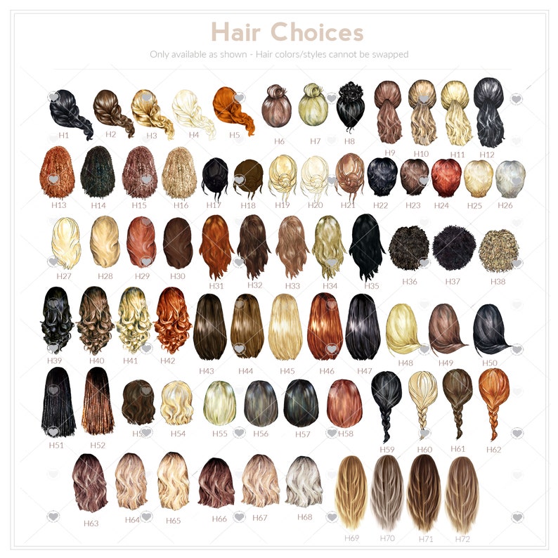 K&ouml;nnte beinhalten: Eine Tabelle mit 72 verschiedenen Frisuren f&uuml;r Frauen. Die Frisuren sind in Reihen und Spalten angeordnet, und jede Frisur ist mit einer Nummer gekennzeichnet. Der Text "Hair Choices" befindet sich oben in der Tabelle, und der Text "Only available as shown - Hair colors/styles cannot be swapped" befindet sich darunter.