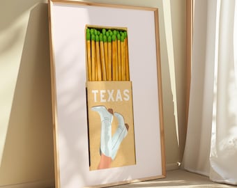 Texas Streichholzbrief Kunst | Streichholzschachtel Digitaler Download | Trendige Zustandskunst | Vintage Cowgirl Muster