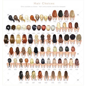 May include: A chart of 72 different hairstyles for women, labeled with numbers H1 through H72. The hairstyles are shown from the back, with the women facing away from the viewer. The hairstyles include updos, ponytails, braids, and loose waves.
