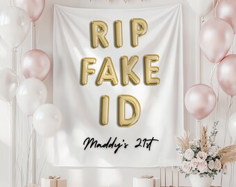 RIP Fake ID / Striscione personalizzato per il 21° compleanno / Arazzo da parete per feste / Palloncini in alluminio / Ventunesimo compleanno