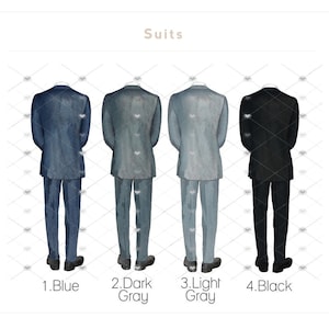 May include: Four watercolor illustrations of suits in different colors: blue, dark gray, light gray, and black. The suits are all facing forward and have a simple design. The text "Suits" is at the top of the image. The numbers 1 through 4 are below each suit, with the corresponding color name.