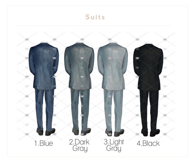 May include: Four watercolor illustrations of suits in different colors: blue, dark gray, light gray, and black. The suits are all facing forward and have a simple design. The text "Suits" is at the top of the image. The numbers 1 through 4 are below each suit, with the corresponding color name.