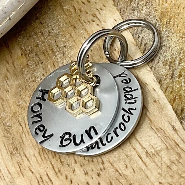 Bee Hand Stamped Dog Tag - Honeycomb ID pet tag - Bumblebee - Honey - Custom Cat Tag - Dog Tag for Dogs Custom - Custom Tag - ID pet Tag