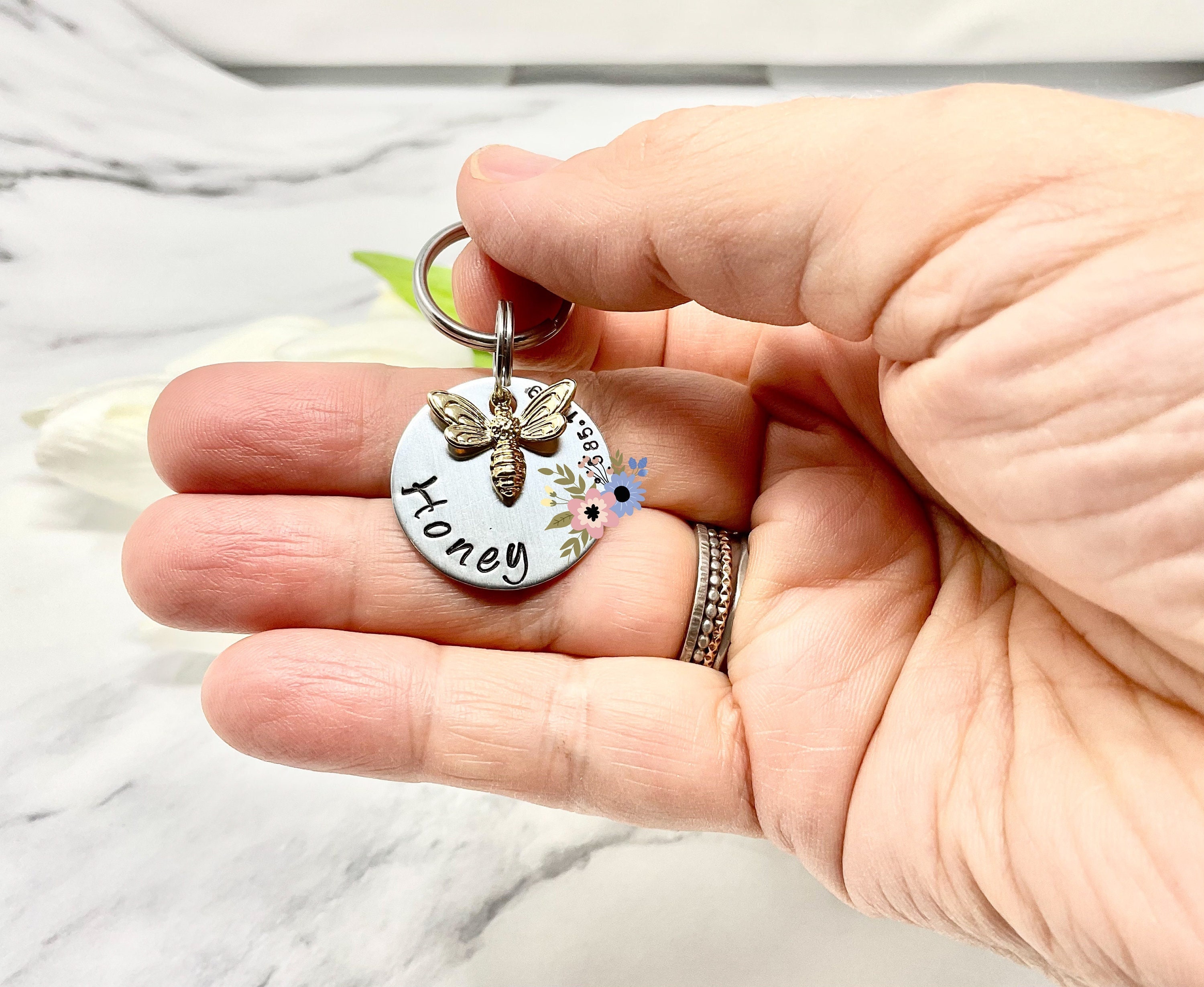 Bee Hand Stamped Dog Cat Tag - Bumblebee - Honey - Custom Cat Tag - Dog Tag for Dogs Custom - Custom tag - Gold Bee pendant ID Pet Tag