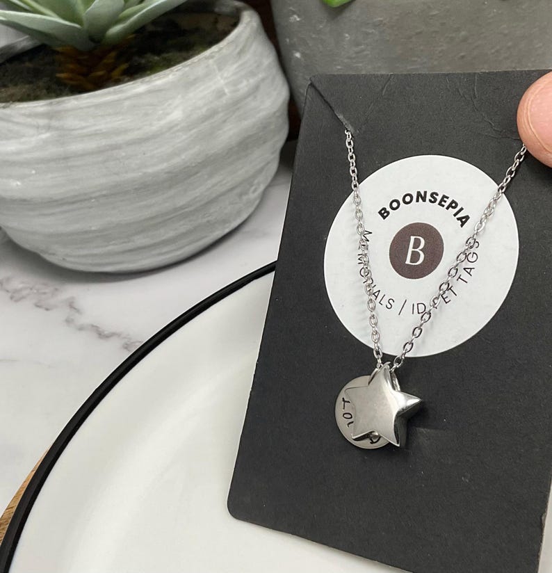 Pu&ograve; includere: Una collana color argento con un ciondolo a forma di stella e un piccolo tag rotondo. Il tag ha inciso il numero "10+". La collana &egrave; esposta su una carta nera con il marchio "BOONSEPIA" e altro testo.