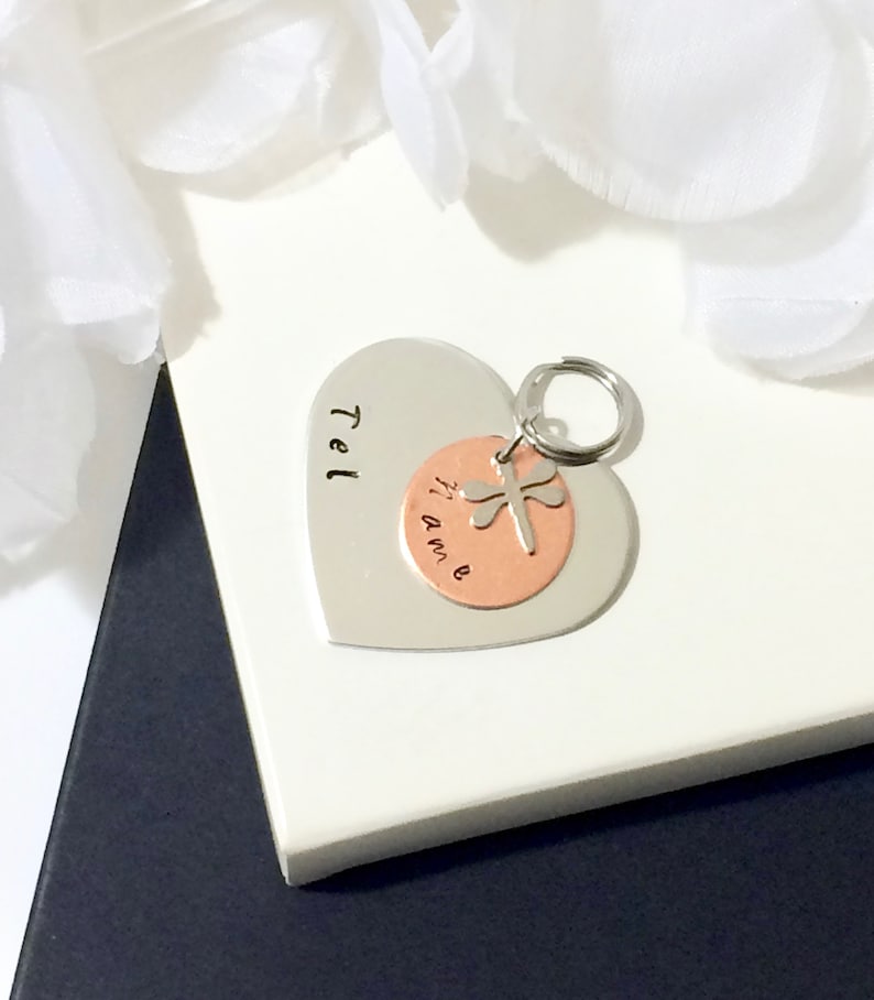 ID CAT Dog Pet Tag Heart Personalized Customized Animal Name Telephone Hand Stamped Engraved Message Stainless Copper Luna Moon Astral
