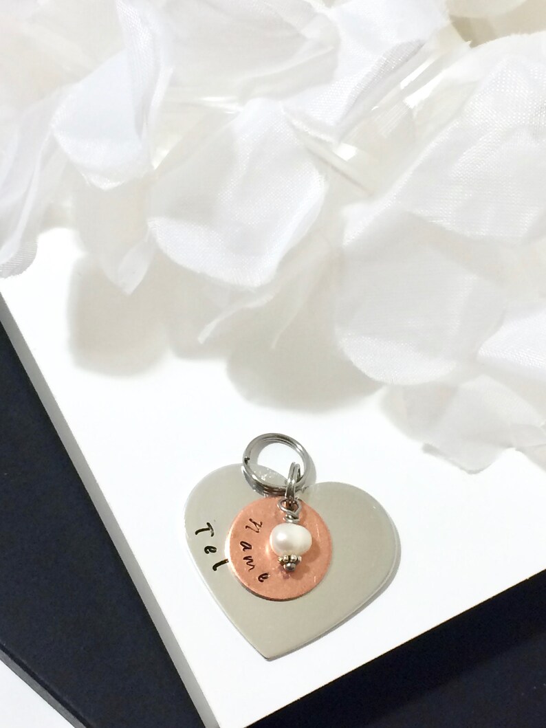 ID CAT Dog Pet Tag Heart Personalized Customized Animal Name Telephone Hand Stamped Engraved Message Stainless Copper Luna Moon Astral