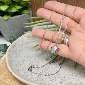 Pu&ograve; includere: Una collana color argento con un ciondolo a forma di stella. La collana &egrave; esposta su un piatto grigio chiaro macchiato. Il ciondolo a stella &egrave; una forma solida a cinque punte. La catena &egrave; delicata e sembra essere composta da piccoli segmenti collegati.